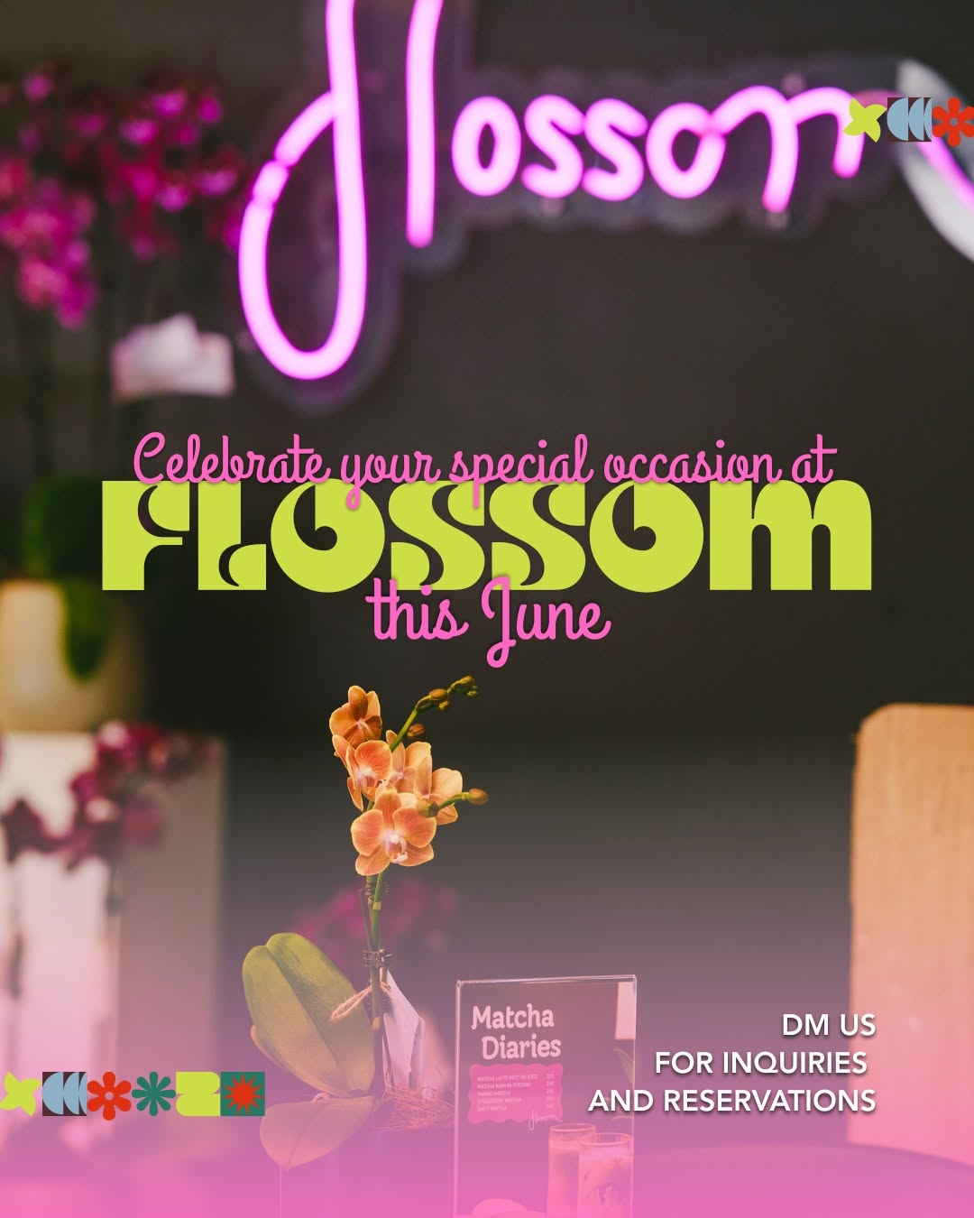 Flossom neon sign with orchid — the signature interior of San Juan's favorite garden cafe